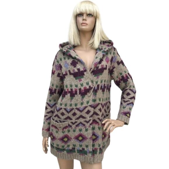 J.Jill Lenox Long Hooded Open Cardigan Sweater Aztec Wool Blend Sz Small Petite - Picture 1 of 10